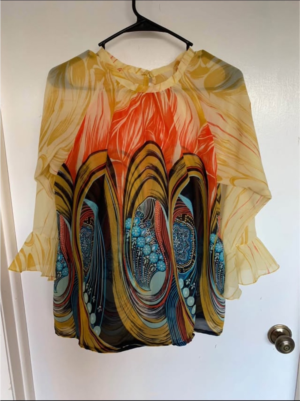 Source Unknown Sheer Multicolor Abstract Print Blouse - Yellow, Blue & Coral